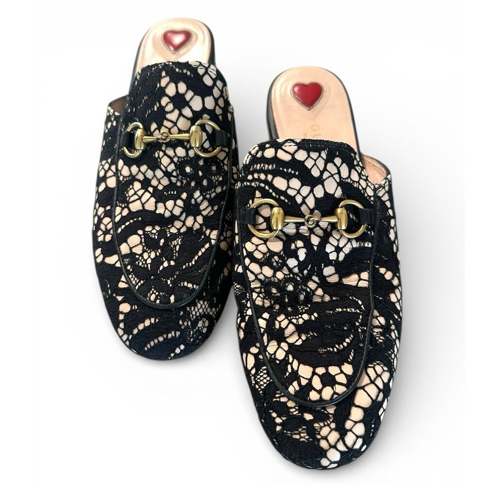 Gucci Princetown Black Nude lace horsebit slip on mules flats Authentic Size 36